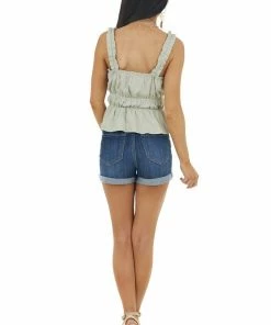 LE LIS Dusty Sage Peplum Knit Tank Top With Ruching Details Tops 30 LE LIS Dusty Sage Peplum Knit Tank Top With Ruching Details Tops