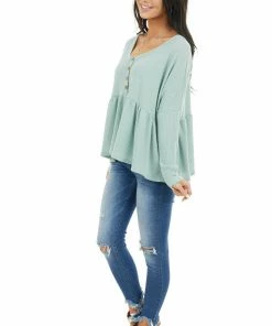 Style Melody Seafoam Henley Oversized Long Sleeve Babydoll Knit Top Tops