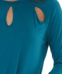 143 Story Tops Deep Teal Long Sleeve Triple Chest Keyhole Top
