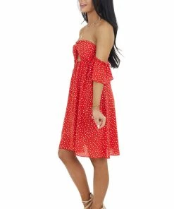 EPretty Lipstick Red Polka Dot Off The Shoulder Dress With Ruching