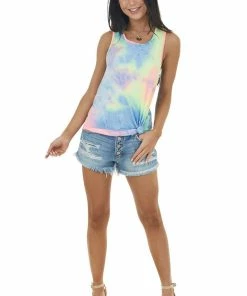 Wanna B Tops Neon Multicolor Tie Dye Tank Top With Twisted Back Detail