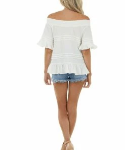Ces Femme Ivory Off The Shoulder Woven Top With Ruffle Details Tops