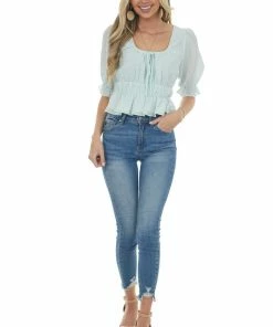 Sweet Lemon Mint Dot Textured Peasant Sleeve Peplum Top