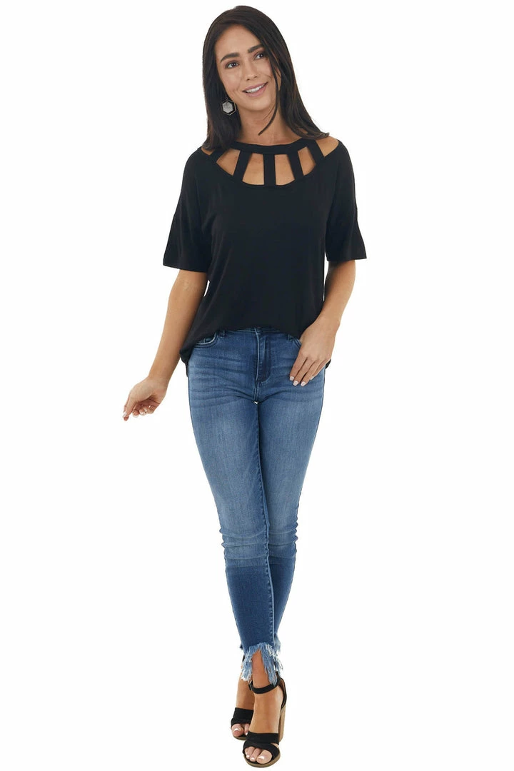 BiBi Tops Black Short Sleeve Knit Top With Caged Neckline 15 BiBi Tops Black Short Sleeve Knit Top With Caged Neckline