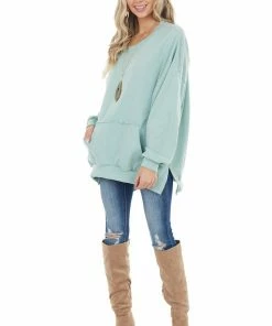 Blue Buttercup Sage Sweatshirt With Kangaroo Pocket And Side Slits Tops