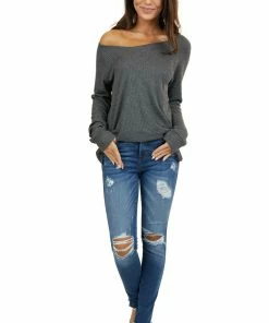 7th Ray Tops Stormy Grey Waffle Knit Long Sleeve Top With V Stitch