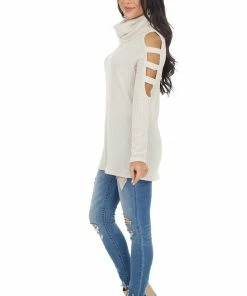 Lovely Melody Oatmeal Ribbed Knit Long Ladder Sleeve Cowl Neck Top Tops
