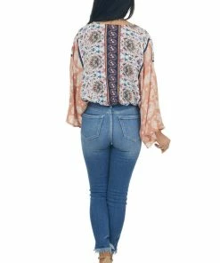 Entro Tops Dusty Peach Multiprint Surplice Bodysuit