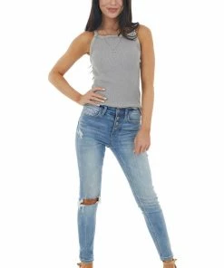 Kori America Grey Mineral Wash Ribbed Knit Tank Top With Halter Neckline Tops 28 Kori America Grey Mineral Wash Ribbed Knit Tank Top With Halter Neckline Tops