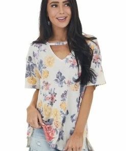 HOPELY Tops Eggshell Floral Print Short Sleeve Top With Cut Out Detail