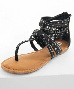 Brand Headquarters Black Strappy Sandals With Lace And Rhinestone Details