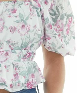 Peach Love Tops Off White Floral Print Short Puff Sleeve Top