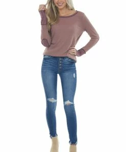 BiBi Rose Taupe And Berry Contrast Thermal Knit Top