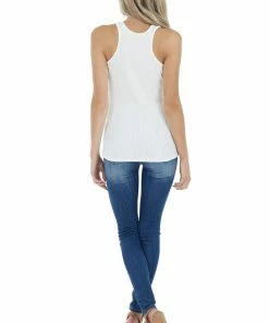 Entro Cream Sleeveless Ribbed Knit Top With Round Neckline