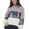 She + Sky Mauve And Ivory Colorblock Sequined Top