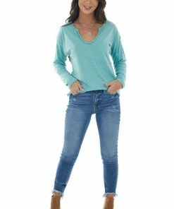 BiBi Tops Heathered Teal Notch Neck Chest Pocket Top