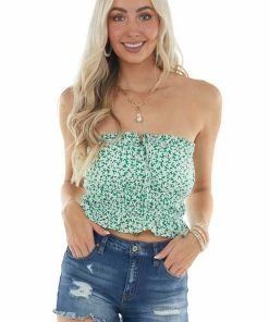 LE LIS Jade Green Ditsy Floral Strapless Crop Top Tops