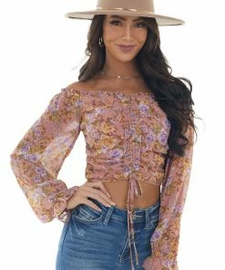 Illa Illa Dusty Rose Floral Print Ruched Front Crop Top Tops