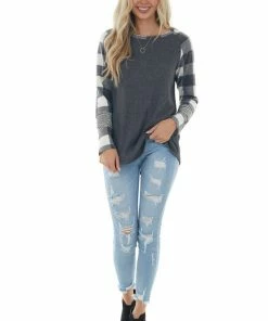 Lovely Melody Tops Off White Multiprint Contrast Brushed Knit Top