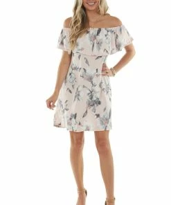 Sweet Lovely Blush Floral Off Shoulder Overlay Mini Dress Dresses