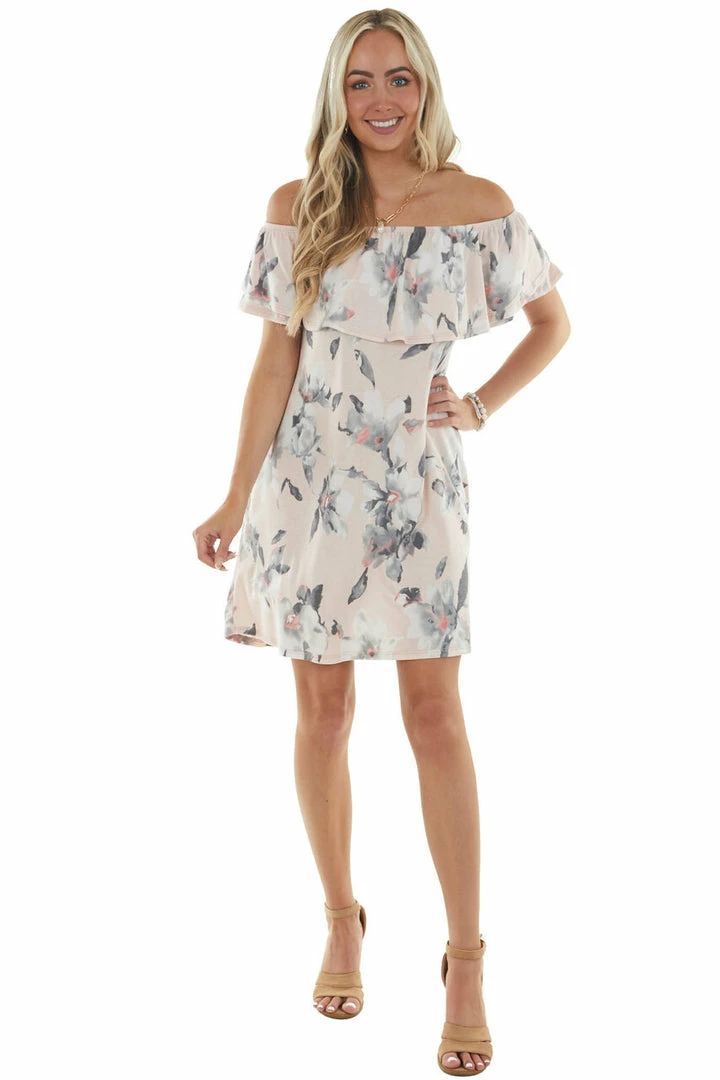 Sweet Lovely Blush Floral Off Shoulder Overlay Mini Dress Dresses 4 Sweet Lovely Blush Floral Off Shoulder Overlay Mini Dress Dresses