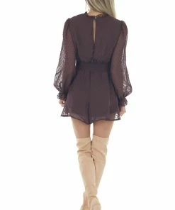 She + Sky Chocolate Swiss Dot Long Puff Sleeve Romper Dresses
