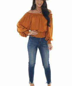 She + Sky Caramel Off Shoulder Long Sleeve Blouse
