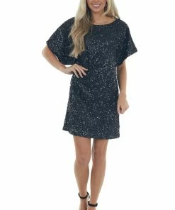 Vine & Love Black Sequined Short Flowy Sleeve Shift Dress