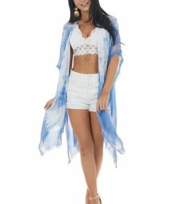 ANGIE Dusty Blue Tie Dye Print Open Front Lightweight Kimono Tops