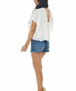 &merci Off White Deep V Neck Flutter Sleeve Babydoll Blouse Tops