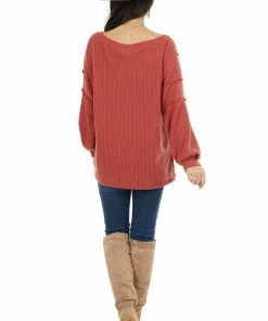 White Birch Tops Rust Long Sleeve Waffle Knit Top With Pocket And Side Slits