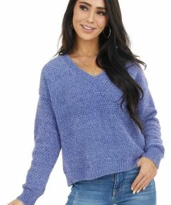 HYFVE Dusty Blue Two Tone Slightly Cropped Sweater With V Neck