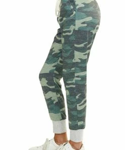 Shiying Fashion Bottoms Forest Green Camo Print Joggers With Drawstrings And Pockets