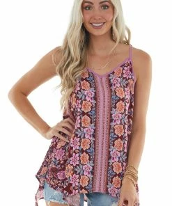 Kori America Rosewood Floral Print Tank With Ladder Back Tops