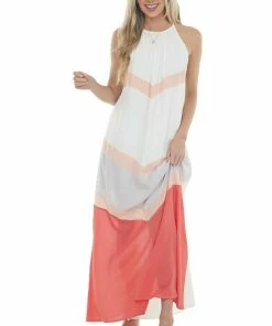 Main Strip Ivory And Coral Chevron Colorblock Halter Neck Maxi Dress 26 Main Strip Ivory And Coral Chevron Colorblock Halter Neck Maxi Dress