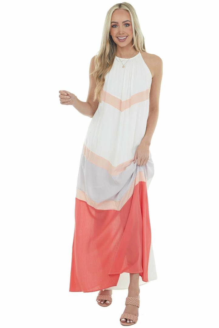 Main Strip Ivory And Coral Chevron Colorblock Halter Neck Maxi Dress 13 Main Strip Ivory And Coral Chevron Colorblock Halter Neck Maxi Dress