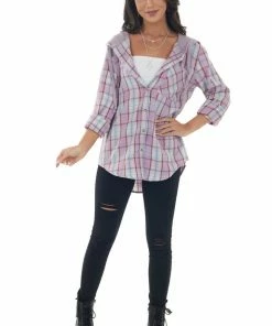 Hem & Thread Tops Orchid Plaid Print Shirt Jacket With Hoodie