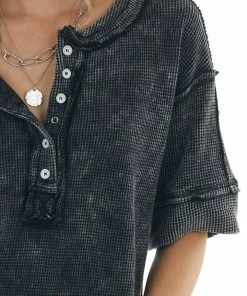 BiBi Washed Black Button Up Rounded Hem Thermal Top Tops