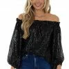 Vine & Love Black Sequined Off The Shoulder Blouse Tops