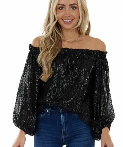 Vine & Love Black Sequined Off The Shoulder Blouse Tops
