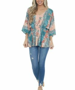 Andree Teal And Peach Floral Multiprint Peplum Top Tops