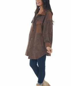 143 Story Coffee Contrast Oversized Corduroy Shacket Tops