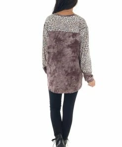 Easel Mauve Tie Dye And Animal Print Long Sleeve Top Tops
