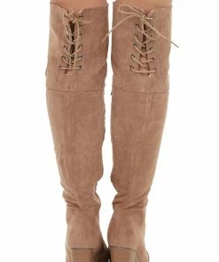 Charming Shoes Taupe Over The Knee High Boots With Lace Up Back Detail