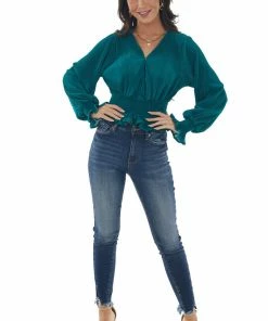 She + Sky Tops Pine Pleated Surplice Smocked Waist Blouse