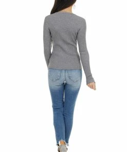 La Miel Tops Charcoal Rib Knit Henley Long Sleeve V Neck Top