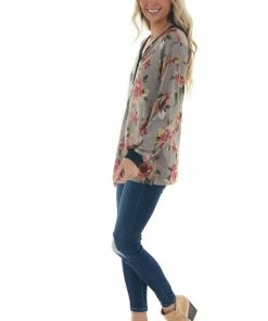 Haptics Taupe Floral Print Long Sleeve V Neck Knit Top Tops