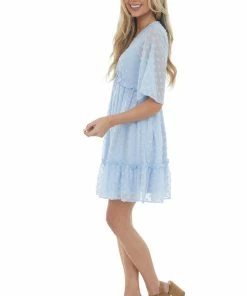 Sweet Lemon Powder Blue Swiss Dot V Neck 3/4 Sleeve Dress Dresses