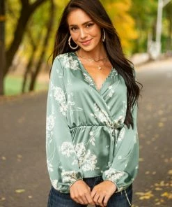 Vanilla Bay Deep Sage Floral Print Long Sleeve Peplum Top