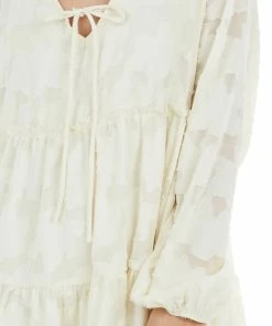 Peach Love Cream Textured Print Tiered Babydoll Dress With Long Sleeves Dresses
